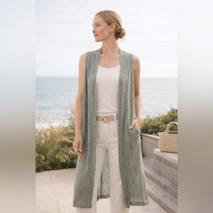Chico’s Sleeveless Linen Blend Duster Cardigan Green Open Front Size Medium (1)